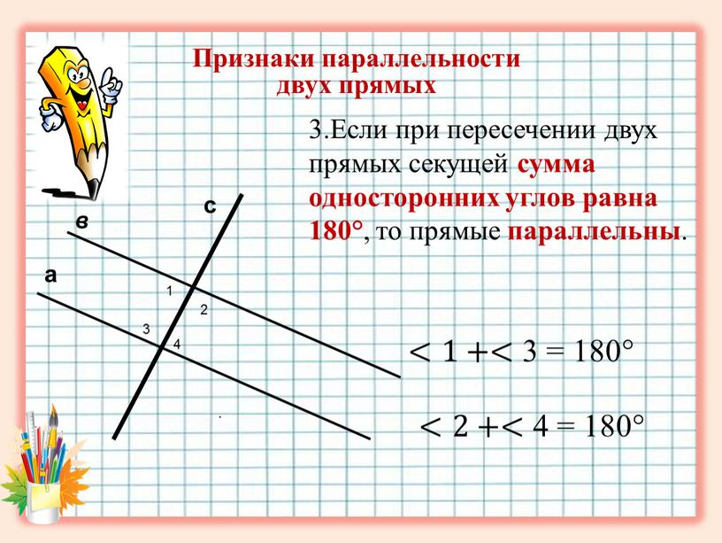 Если при пересечении двух прямых секущей сумма односторонних углов равна 180° , то прямые параллельны