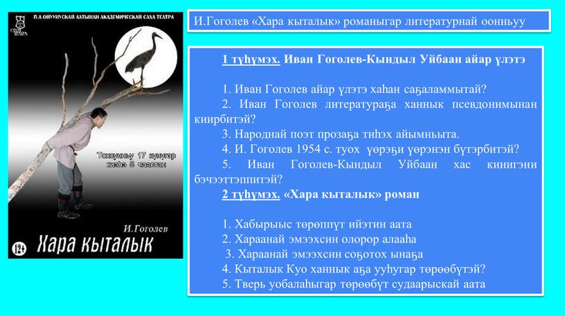 И.Гоголев «Хара кыталык» романыгар литературнай оонньуу 1 түһүмэх