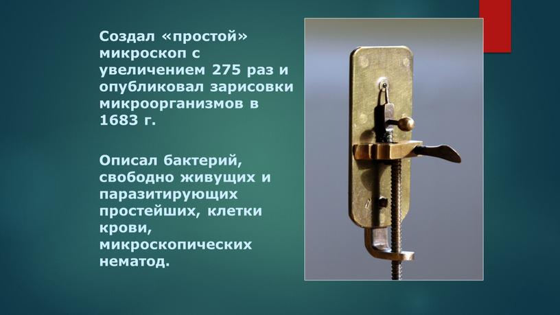 Создал «простой» микроскоп с увеличением 275 раз и опубликовал зарисовки микроорганизмов в 1683 г