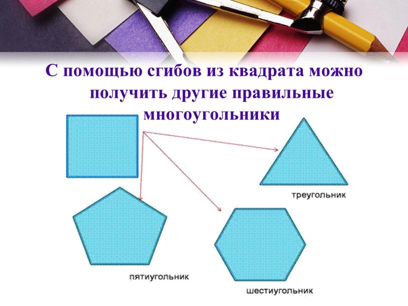 С помощью сгибов из квадрата можно получить другие правильные многоугольники
