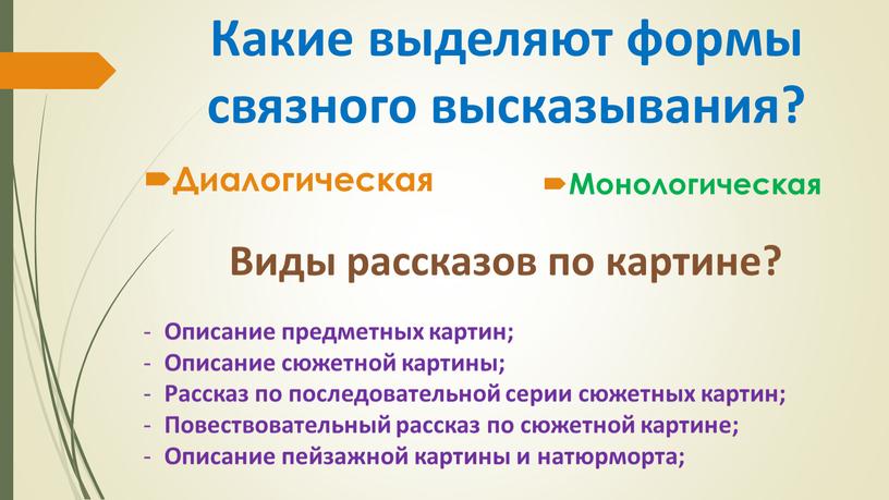 Какие выделяют формы связного высказывания?