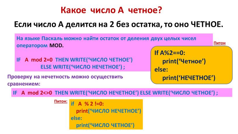 Какое число А четное? На языке