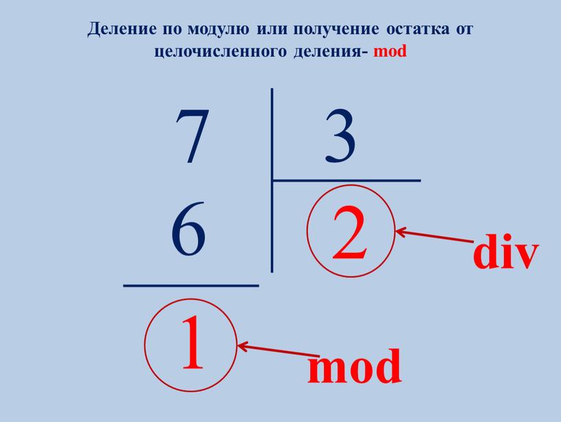 Деление по модулю или получение остатка от целочисленного деления- mod 7 3 6 2 1