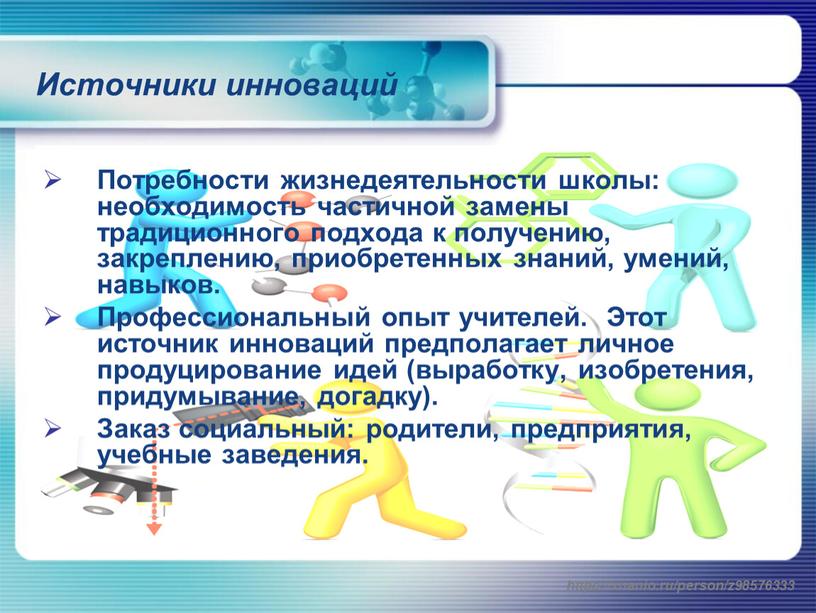 Источники инноваций Потребности жизнедеятельности школы: необходимость частичной замены традиционного подхода к получению, закреплению, приобретенных знаний, умений, навыков