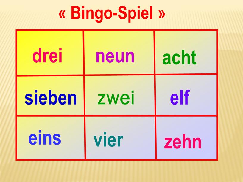 eins zwei acht neun vier elf zehn sieben drei « Bingo-Spiel »