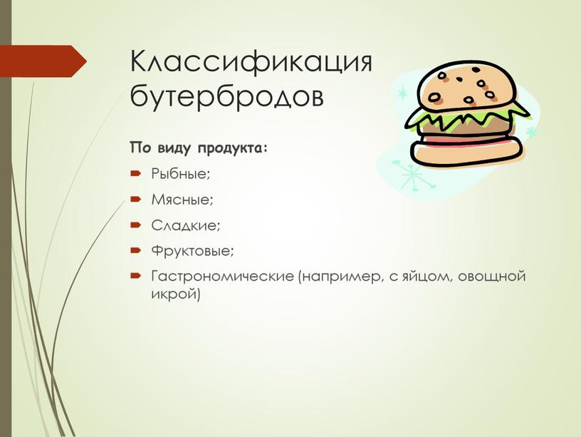 Классификация бутербродов По виду продукта: