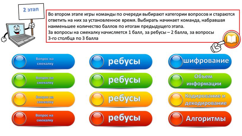 Во втором этапе игры команды по очереди выбирают категории вопросов и стараются ответить на них за установленное время