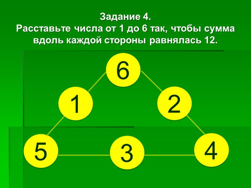 Задание 4. Расставьте числа от 1 до 6 так, чтобы сумма вдоль каждой стороны равнялась 12