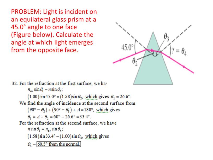 PROBLEM: Light is incident on an equilateral glass prism at a 45