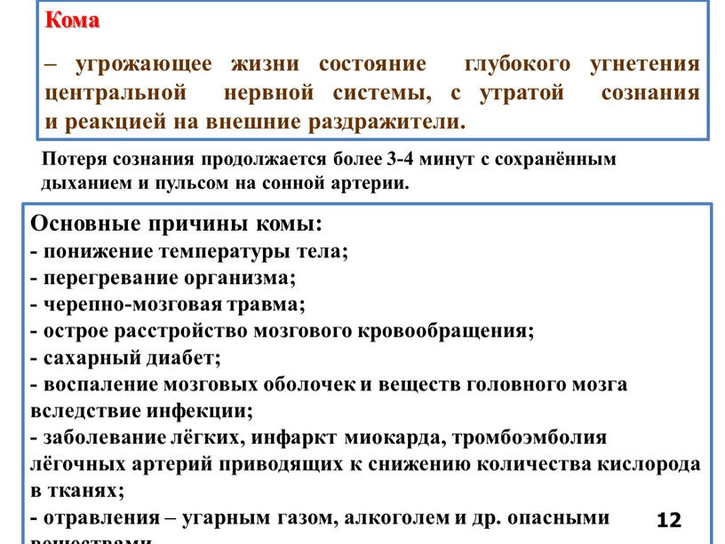 Кома – угрожающее жизни состояние глубокого угнетения центральной нервной системы, с утратой сознания и реакцией на внешние раздражители