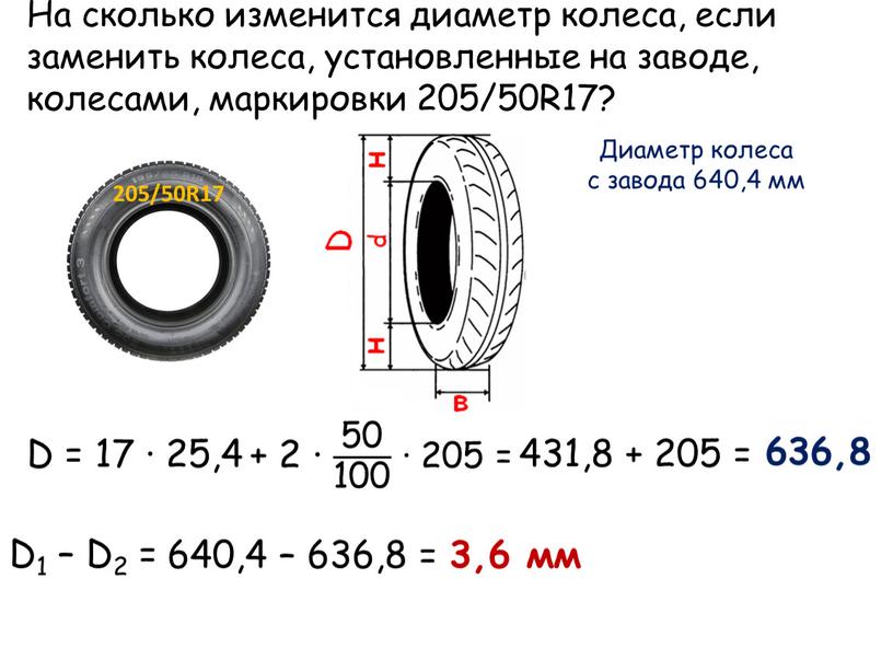 На сколько изменится диаметр колеса, если заменить колеса, установленные на заводе, колесами, маркировки 205/50R17?