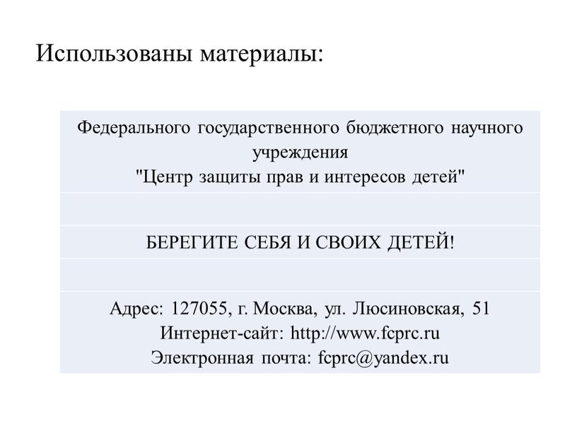 Использованы материалы: Федерального государственного бюджетного научного учреждения "Центр защиты прав и интересов детей"