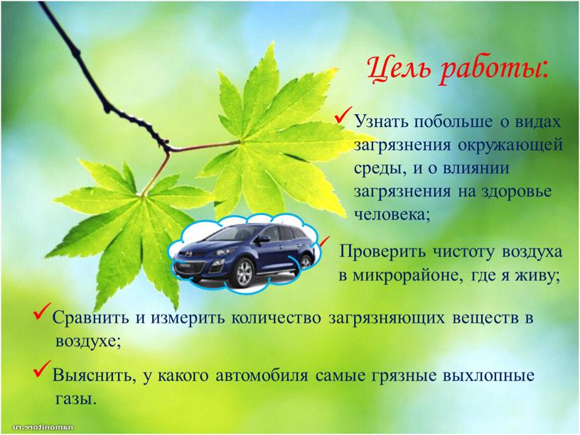 Цель работы: Узнать побольше о видах загрязнения окружающей среды, и о влиянии загрязнения на здоровье человека;