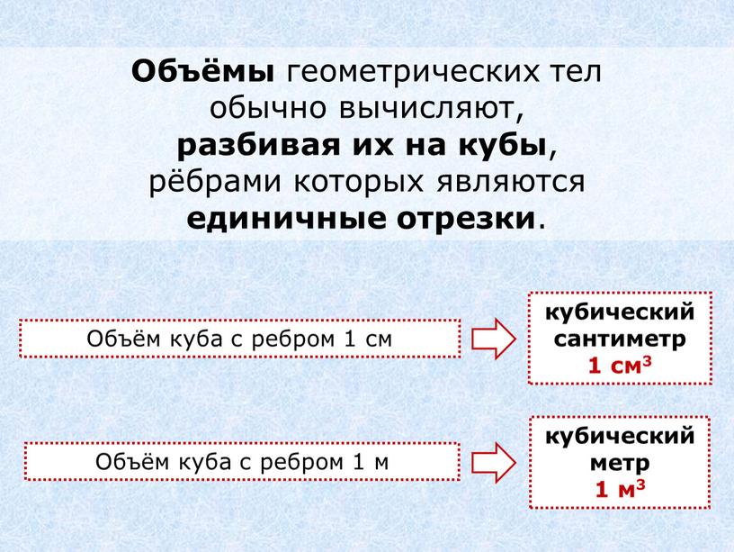 Объёмы геометрических тел обычно вычисляют, разбивая их на кубы , рёбрами которых являются единичные отрезки