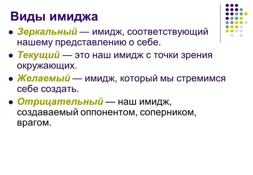 Виды имиджа Зеркальный — имидж, соответствующий нашему представ­лению о себе