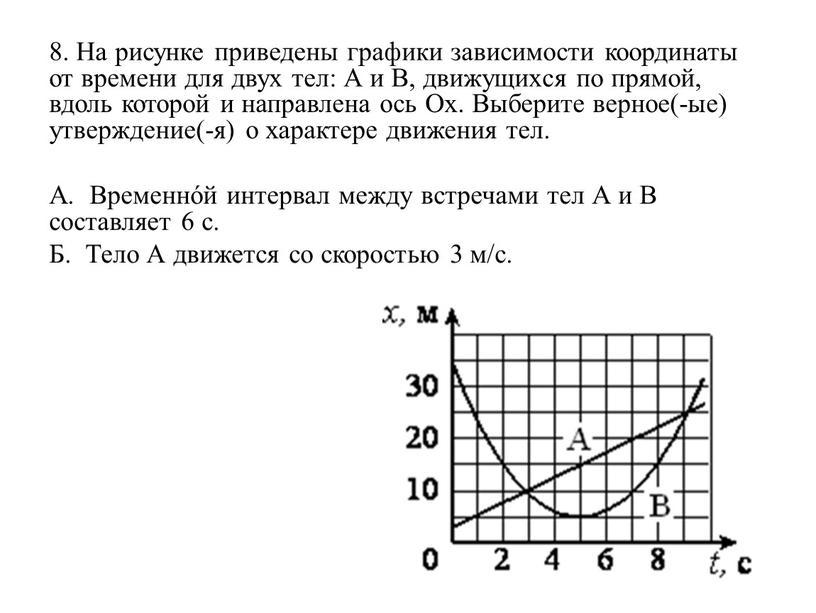 На рисунке приведены графики зависимости координаты от времени для двух тел: