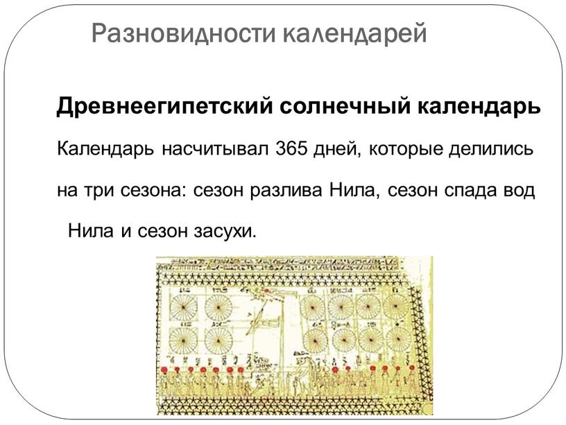 Разновидности календарей Древнеегипетский солнечный календарь