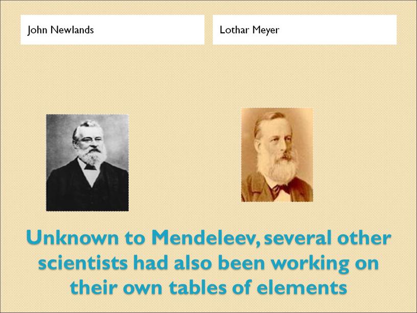 Unknown to Mendeleev, several other scientists had also been working on their own tables of elements