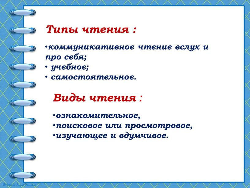 Типы чтения : коммуникативное чтение вслух и про себя; учебное; самостоятельное