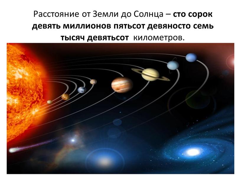 Расстояние от Земли до Солнца – сто сорок девять миллионов пятьсот девяносто семь тысяч девятьсот километров