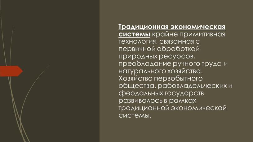 Традиционная экономическая системы крайне примитивная технология, связанная с первичной обработкой природных ресурсов, преобладание ручного труда и натурального хозяйства