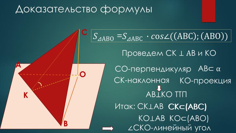 Доказательство формулы В С О 𝑆 ⊿АВО 𝑆𝑆 𝑆 ⊿АВО ⊿АВО 𝑆 ⊿АВО = 𝑆 ⊿АВС 𝑆𝑆 𝑆 ⊿АВС ⊿АВС 𝑆 ⊿АВС ∙𝑐𝑐о𝑠𝑠∠(