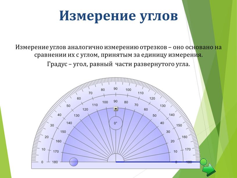 Измерение углов Измерение углов аналогично измерению отрезков – оно основано на сравнении их с углом, принятым за единицу измерения