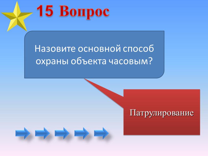 Патрулирование Назовите основной способ охраны объекта часовым? 15