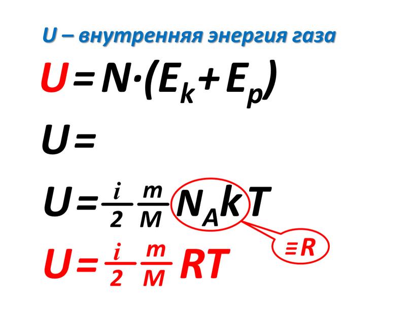 U = N·(Ek + Ep) = NEk U – внутренняя энергия газа