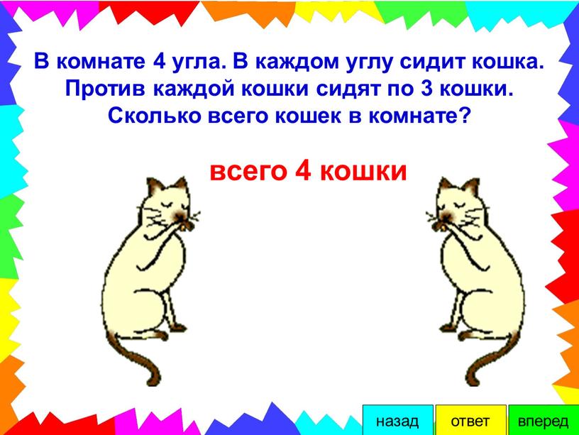 В комнате 4 угла. В каждом углу сидит кошка