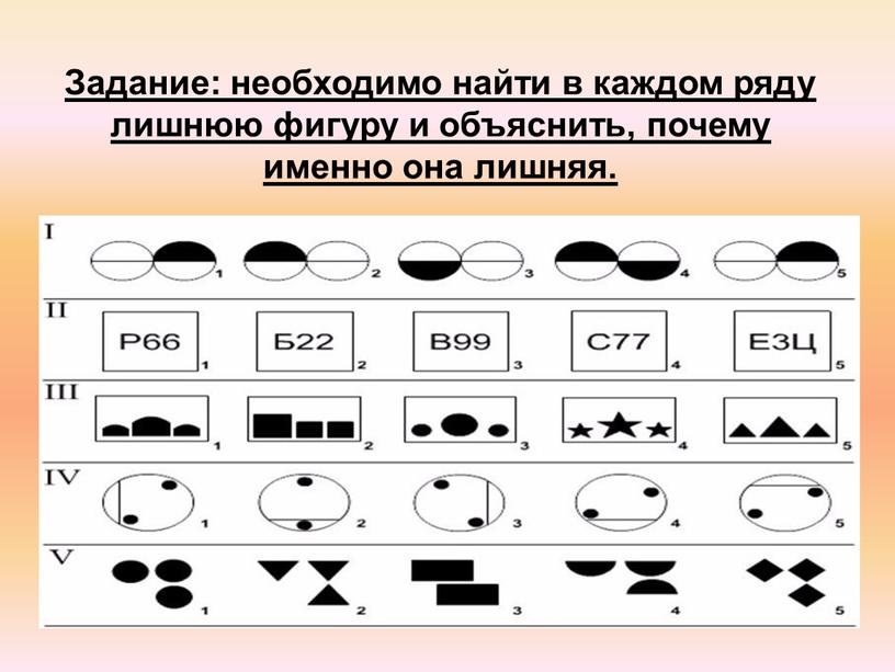 Задание: необходимо найти в каждом ряду лишнюю фигуру и объяснить, почему именно она лишняя