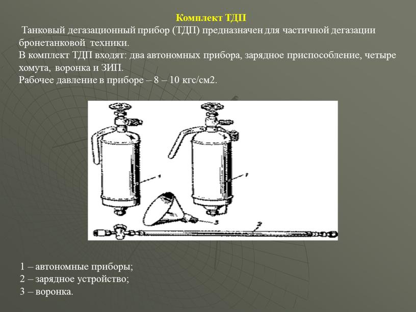 Комплект ТДП Танковый дегазационный прибор (ТДП) предназначен для частичной дегазации бронетанковой техники