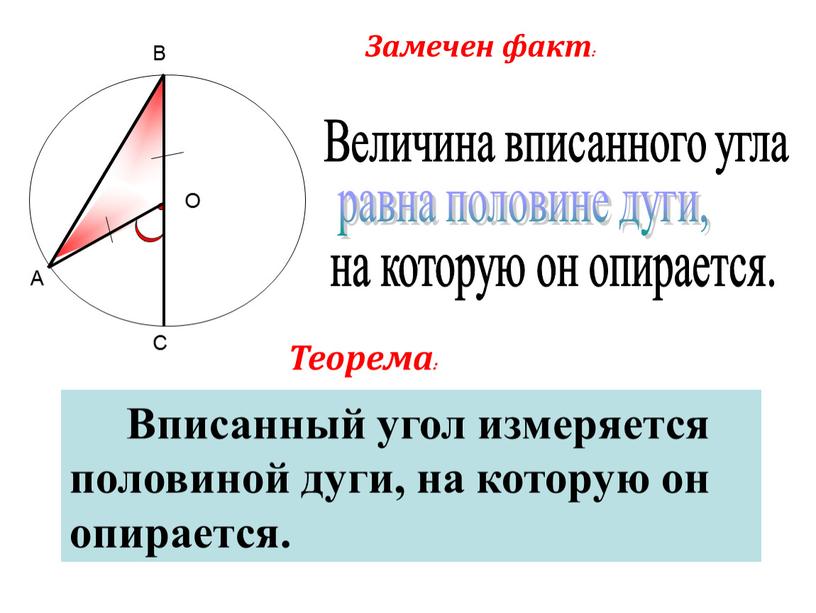 А В С О Величина вписанного угла равна половине дуги, на которую он опирается