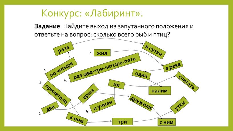 Конкурс: «Лабиринт». раза раз-два-три-четыре-пять три налим и учили два в реке утки по четыре в сутки ерша один жил с ним