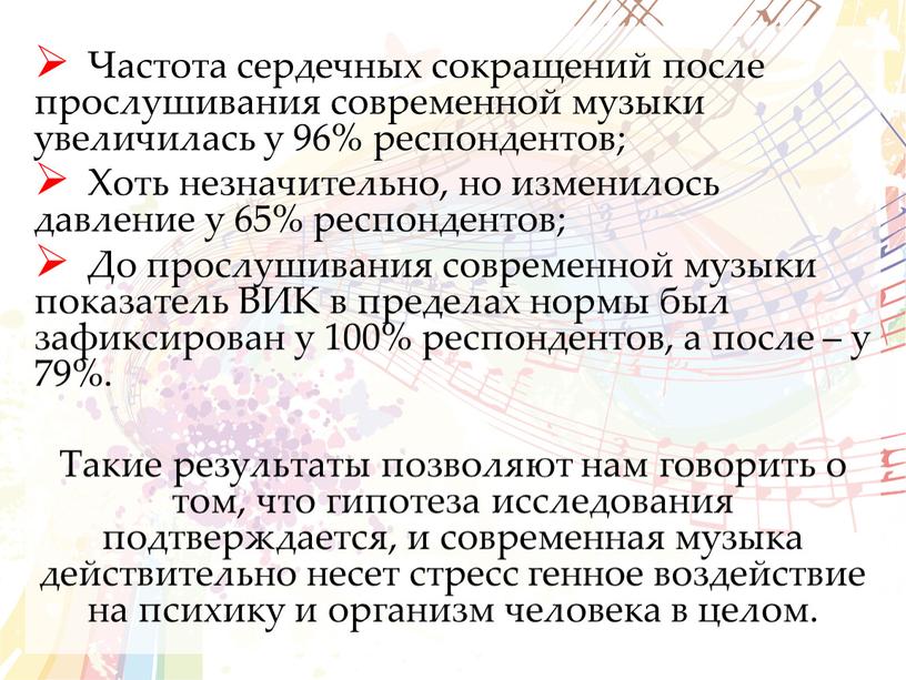 Частота сердечных сокращений после прослушивания современной музыки увеличилась у 96% респондентов;