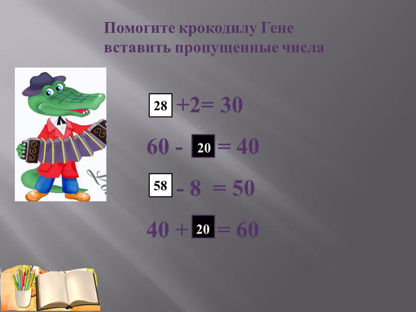 Помогите крокодилу Гене вставить пропущенные числа +2= 30 60 - = 40 - 8 = 50 40 + = 60 90-65 60-42 28 58 20…