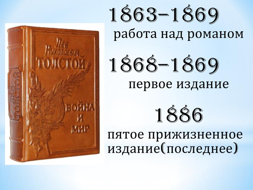 1863–1869 работа над романом 1868–1869 первое издание 1886 пятое прижизненное издание(последнее)