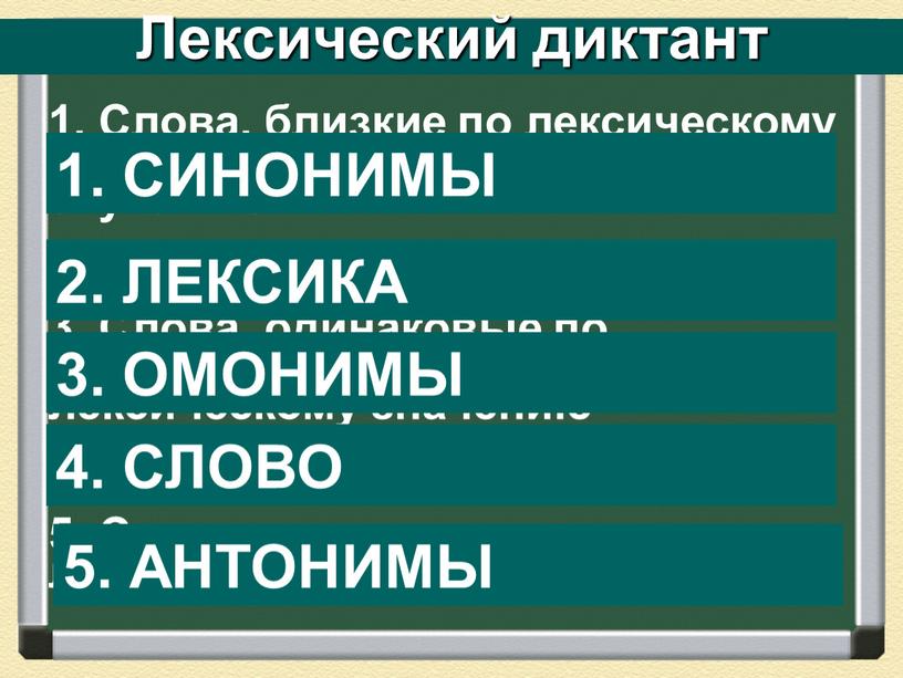 Лексический диктант 1. Слова, близкие по лексическому значению, но различные по звучанию 2