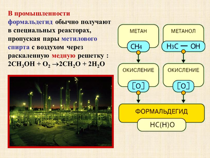 В промышленности формальдегид обычно получают в специальных реакторах, пропуская пары метилового спирта с воздухом через раскаленную медную решетку : 2CH3ОН +