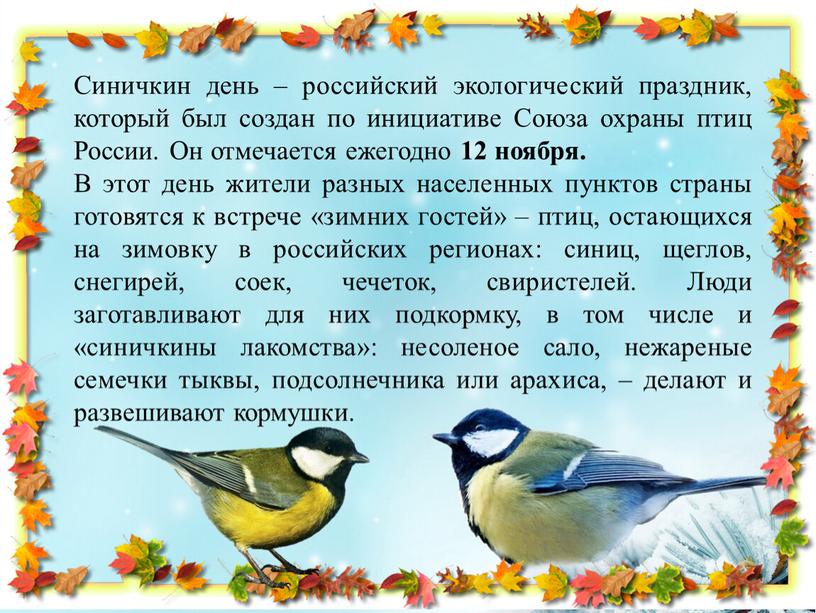 Синичкин день – российский экологический праздник, который был создан по инициативе