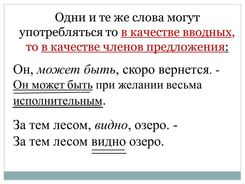 Одни и те же слова могут употребляться то в качестве вводных, то в качестве членов предложения: