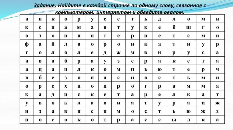 Задание. Найдите в каждой строчке по одному слову, связанное с компьютером, интернетом и обведите овалом