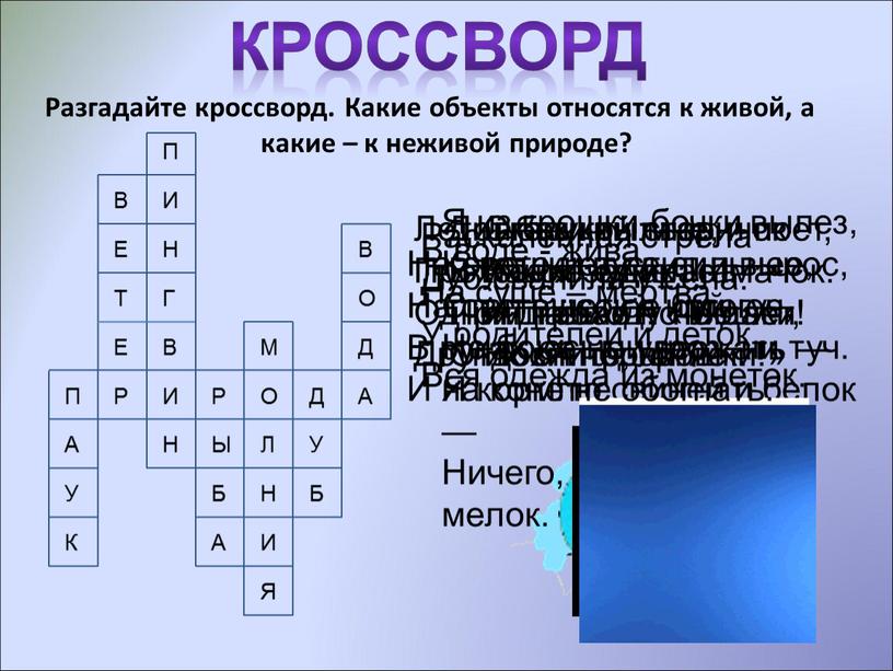 Разгадайте кроссворд. Какие объекты относятся к живой, а какие – к неживой природе? кроссворд