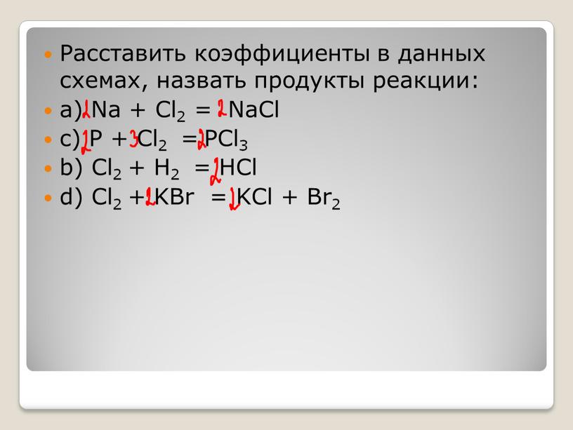 Расставить коэффициенты в данных схемах, назвать продукты реакции: a)