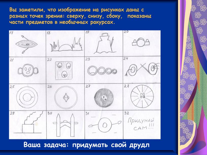 Вы заметили, что изображение на рисунках даны с разных точек зрения: сверху, снизу, сбоку, показаны части предметов в необычных ракурсах