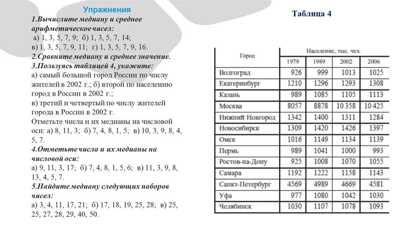 Упражнения 1.Вычислите медиану и среднее арифметическое чисел: а) 1, 3, 5, 7, 9; б) 1, 3, 5, 7, 14; в) 1, 3, 5, 7, 9,…