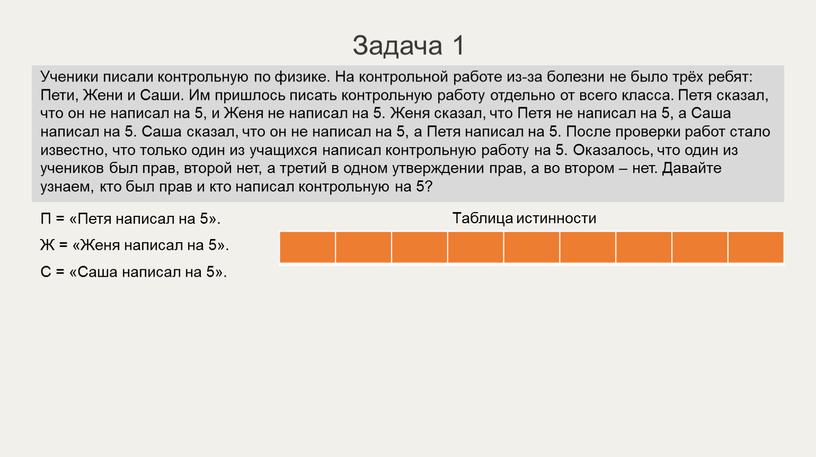 Задача 1 П = «Петя написал на 5»