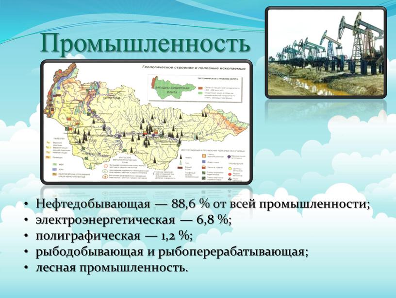 Промышленность Нефтедобывающая — 88,6 % от всей промышленности; электроэнергетическая — 6,8 %; полиграфическая — 1,2 %; рыбодобывающая и рыбоперерабатывающая; лесная промышленность