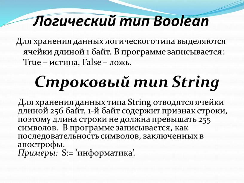 Логический тип Boolean Для хранения данных логического типа выделяются ячейки длиной 1 байт