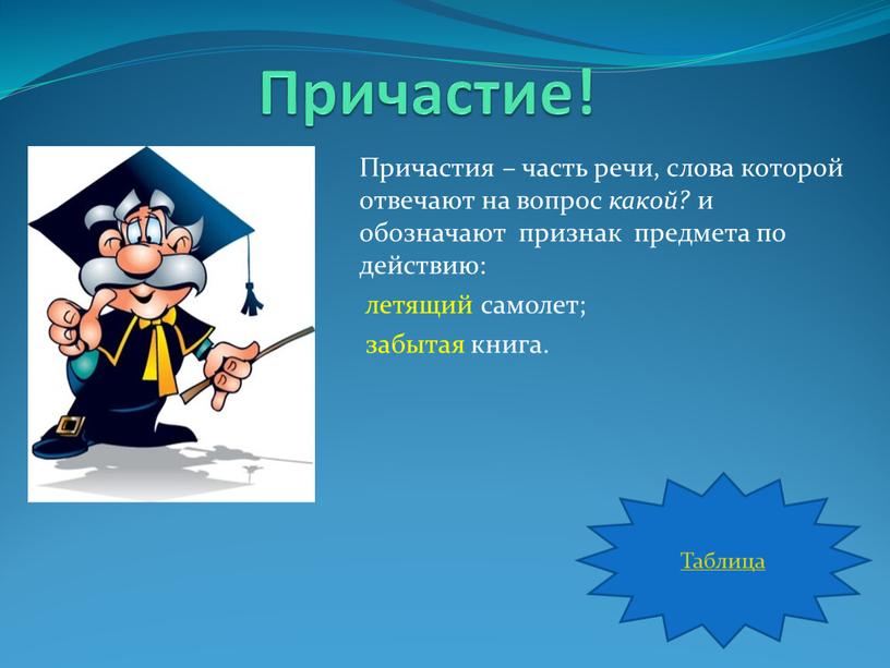 Причастие! Причастия – часть речи, слова которой отвечают на вопрос какой? и обозначают признак предмета по действию: летящий самолет; забытая книга